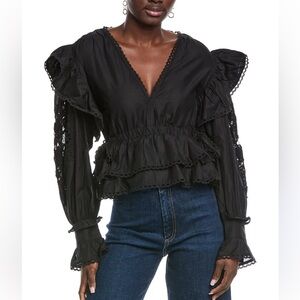 Farm Rio Black Long Sleeve V Neckline Blouse Black